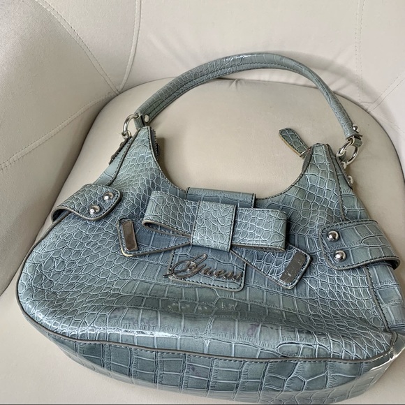 Guess Handbags - Guess Satchel Handbag Light Blue Faux Croc Bow